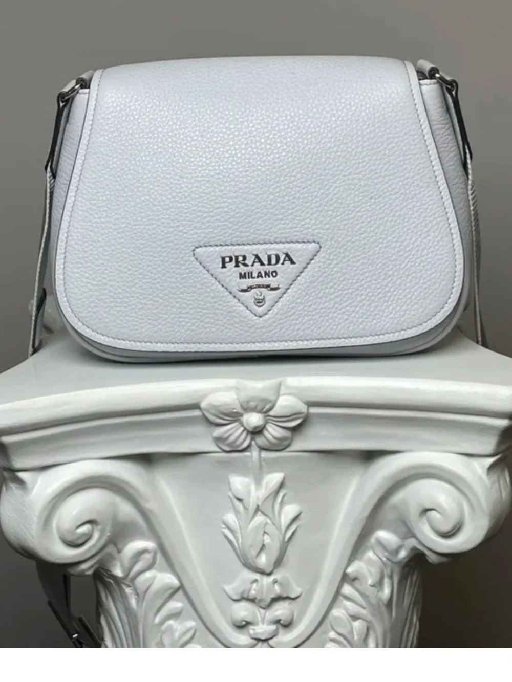 Prada Grey Pebbled Leather Crossbody Saddle Bag, Vitello Daino